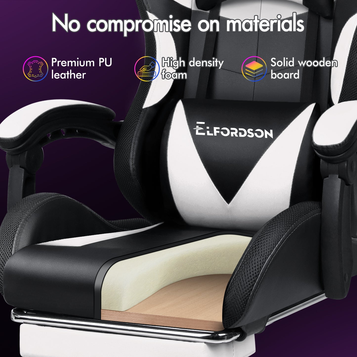 ELFORDSON Gaming Chair Office Massage 12 RGB LED Computer Seat PU Leather White