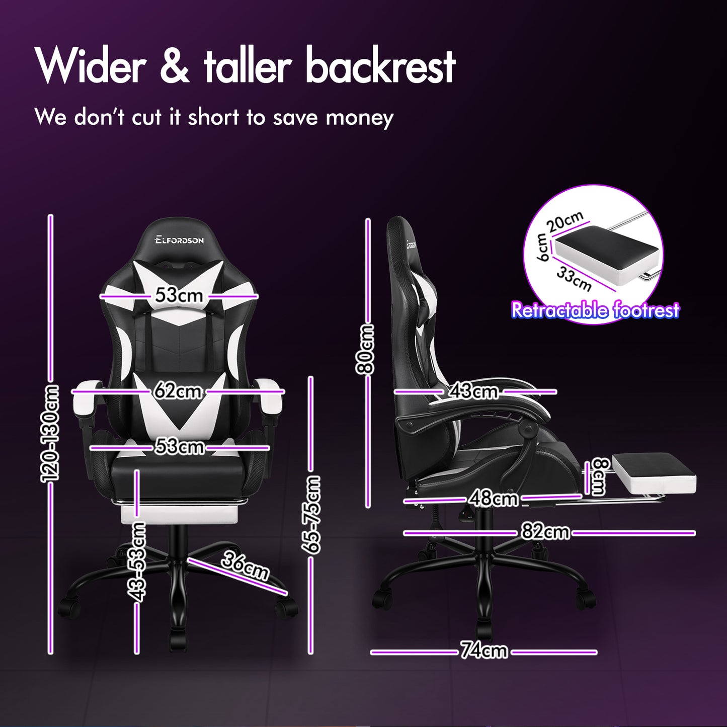 ELFORDSON Gaming Chair Office Massage 12 RGB LED Computer Seat PU Leather White