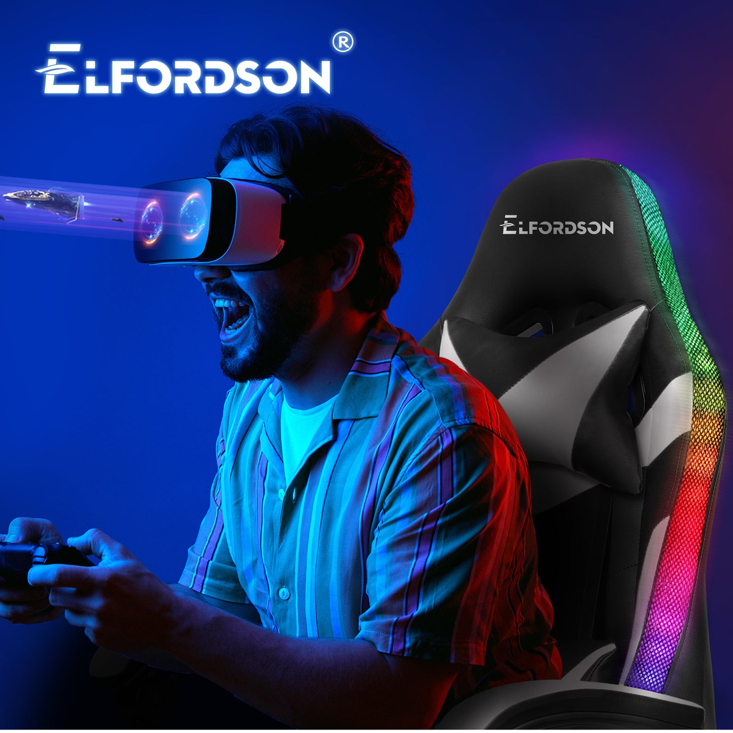ELFORDSON Gaming Chair Office Massage 12 RGB LED Computer Seat PU Leather White