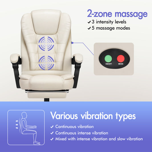 ELFORDSON Massage Office Chair with Footrest Executive Gaming Seat Leather Cream