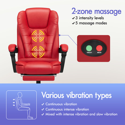 ELFORDSON Massage Office Chair with Footrest Executive Gaming Seat Leather Red