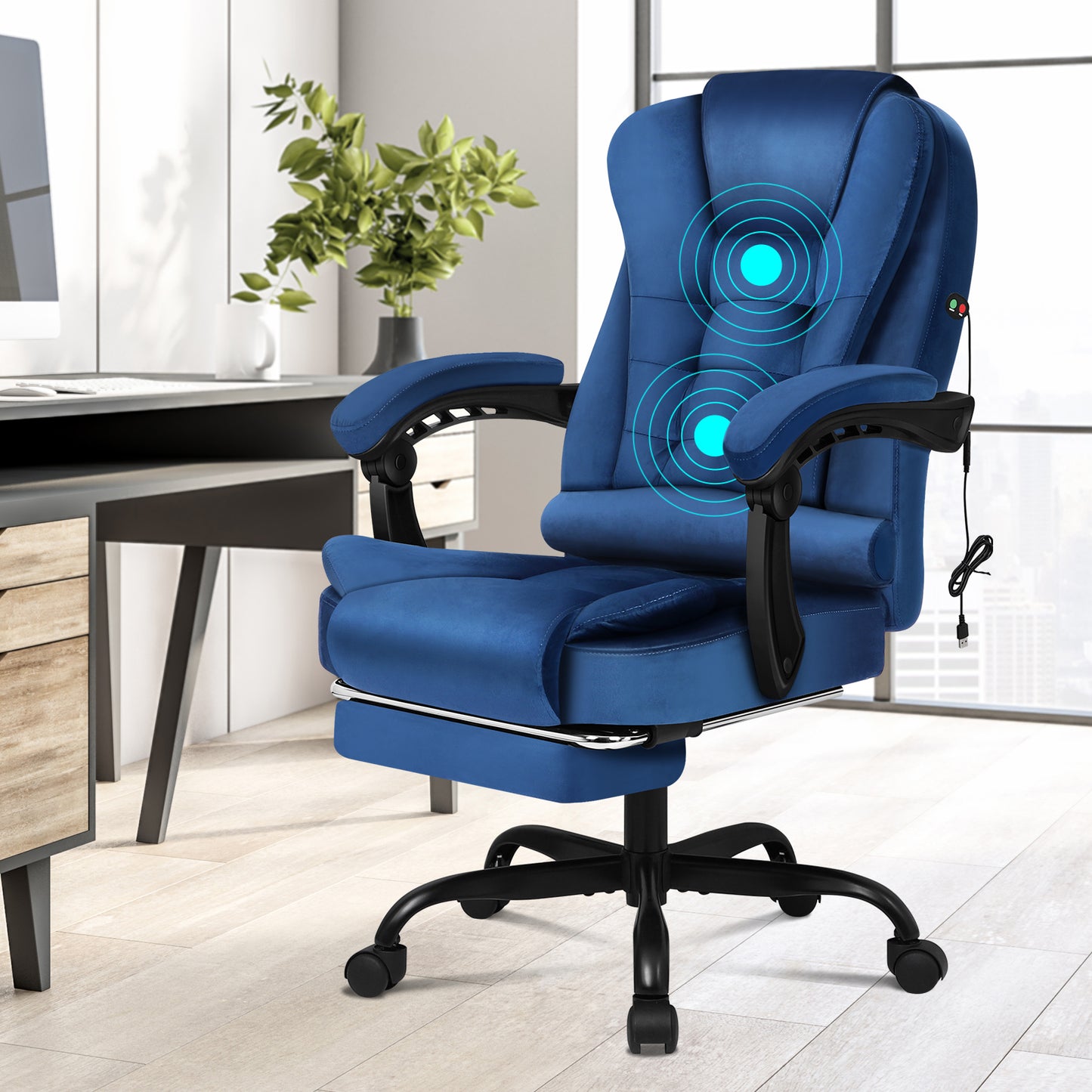 ELFORDSON Massage Office Chair with Footrest Executive Gaming Seat, Velvet Blue