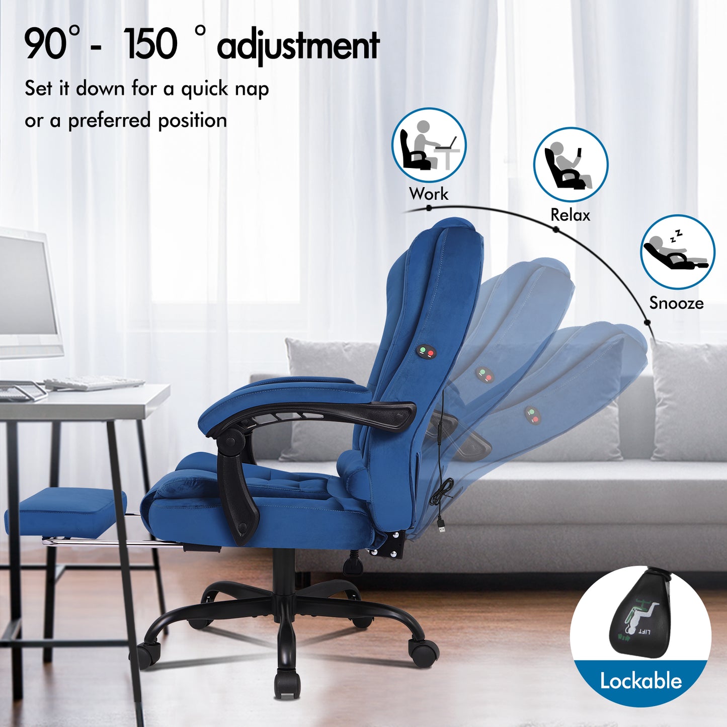 ELFORDSON Massage Office Chair with Footrest Executive Gaming Seat, Velvet Blue