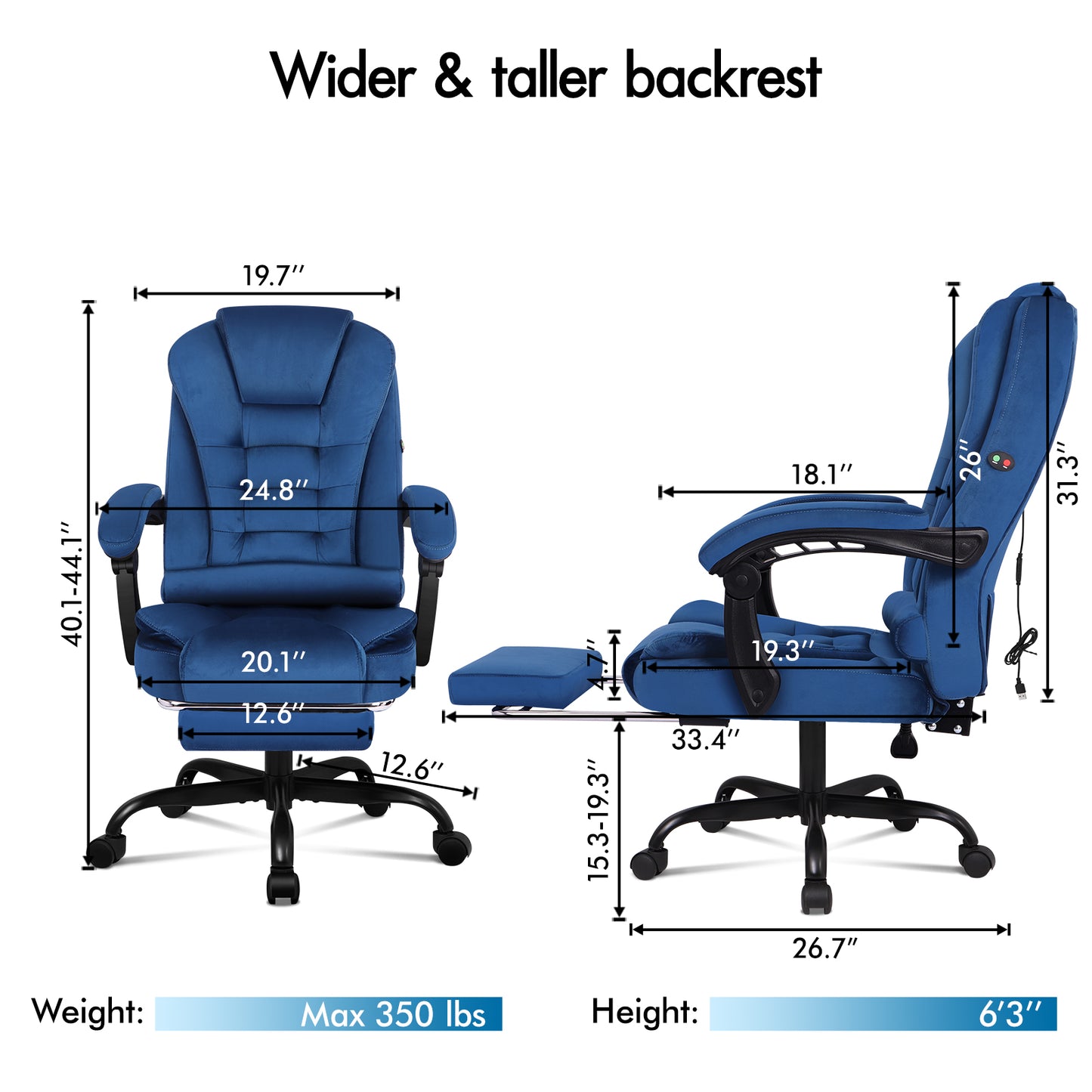 ELFORDSON Massage Office Chair with Footrest Executive Gaming Seat, Velvet Blue