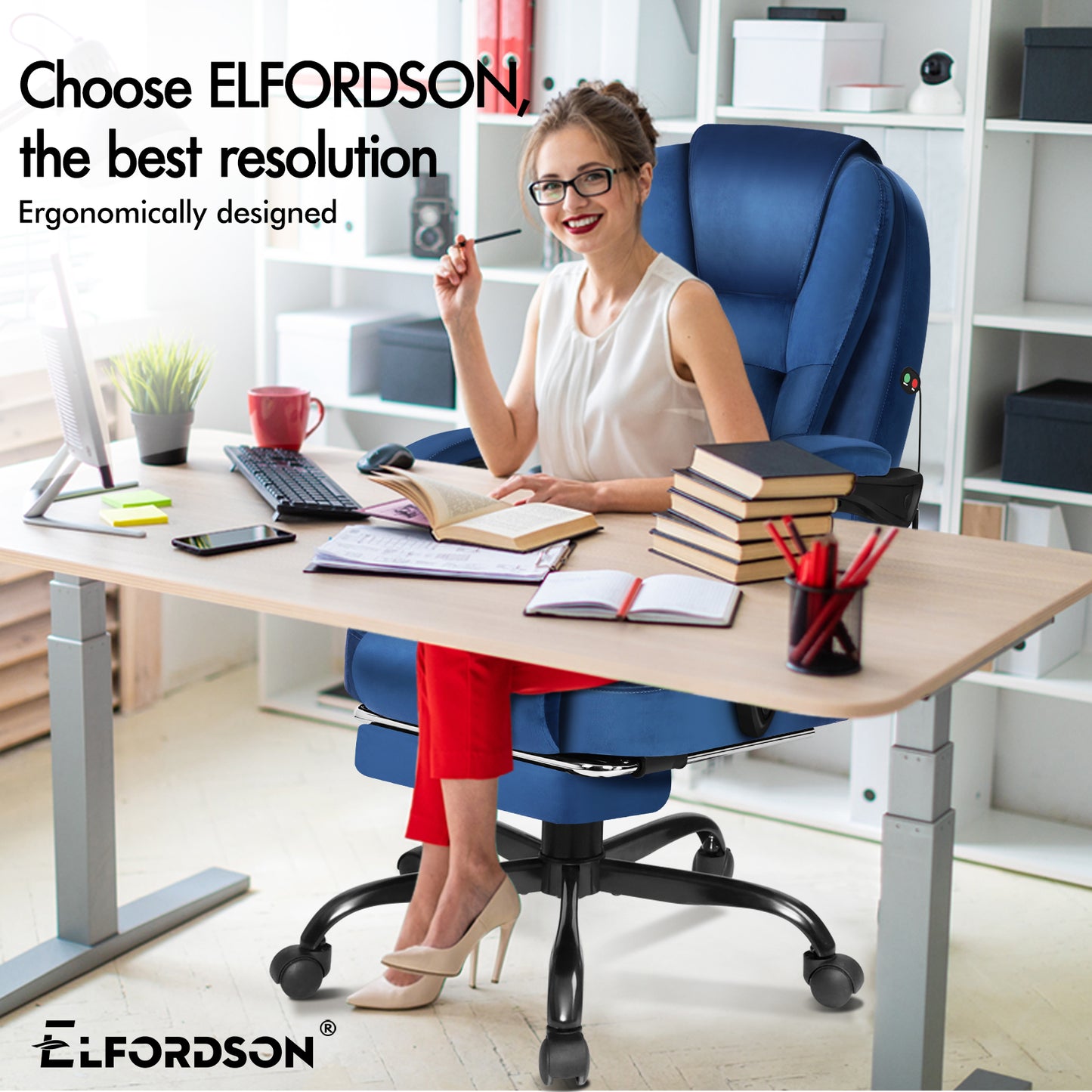 ELFORDSON Massage Office Chair with Footrest Executive Gaming Seat, Velvet Blue