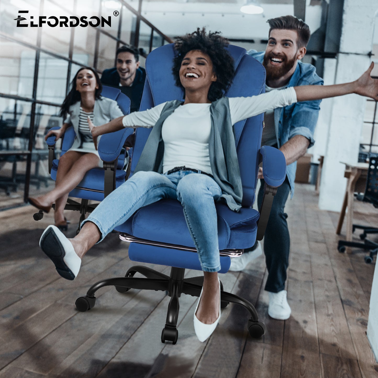 ELFORDSON Massage Office Chair with Footrest Executive Gaming Seat, Velvet Blue