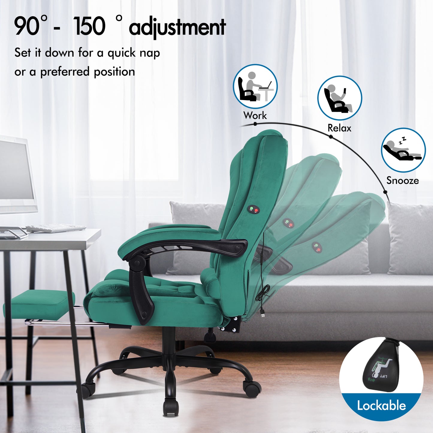 ELFORDSON Massage Office Chair with Footrest Executive Gaming Seat, Velvet Green