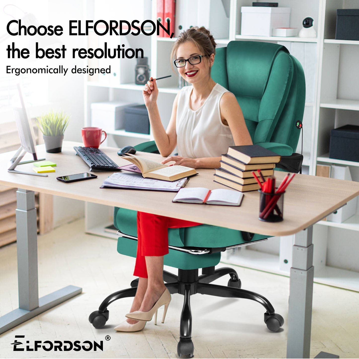 ELFORDSON Massage Office Chair with Footrest Executive Gaming Seat, Velvet Green