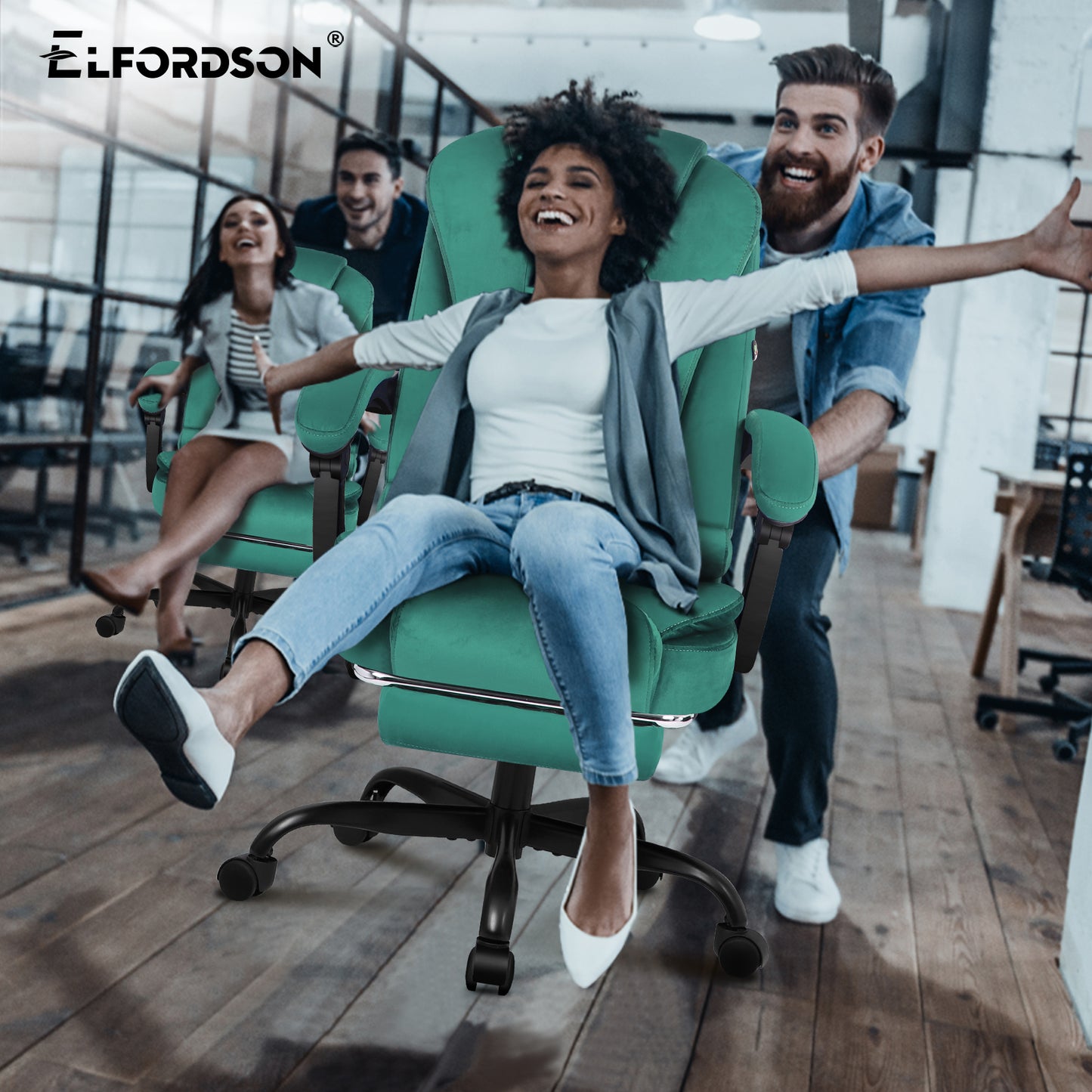 ELFORDSON Massage Office Chair with Footrest Executive Gaming Seat, Velvet Green