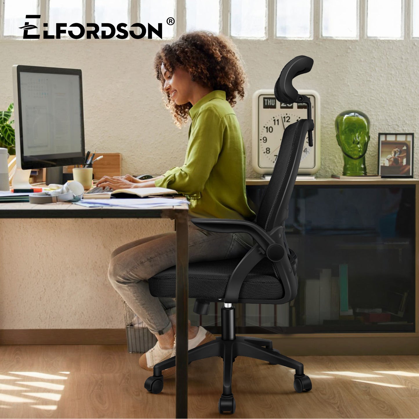 ELFORDSON Mesh Office Chair Executive Fabric Seat Tilt Computer All Black