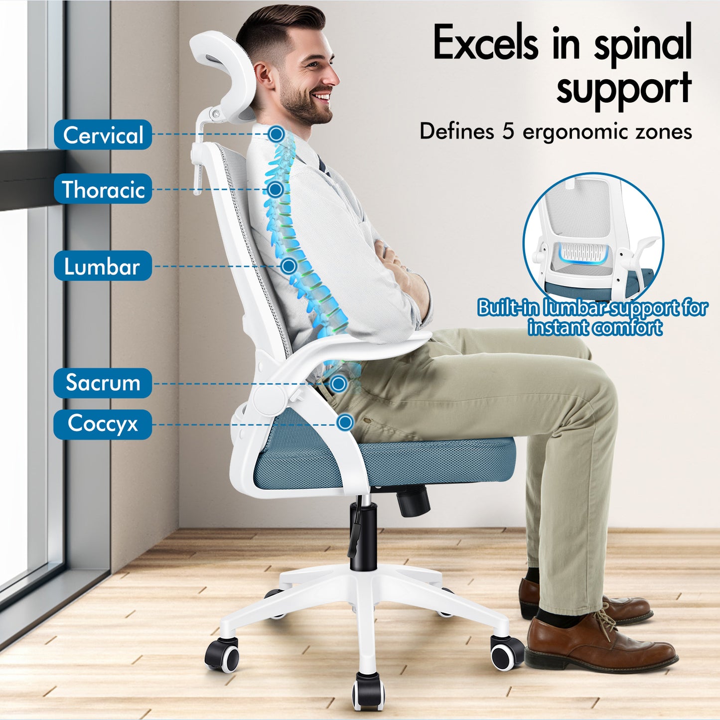 ELFORDSON Mesh Office Chair Executive Fabric Seat Tilt Computer Blue and Grey