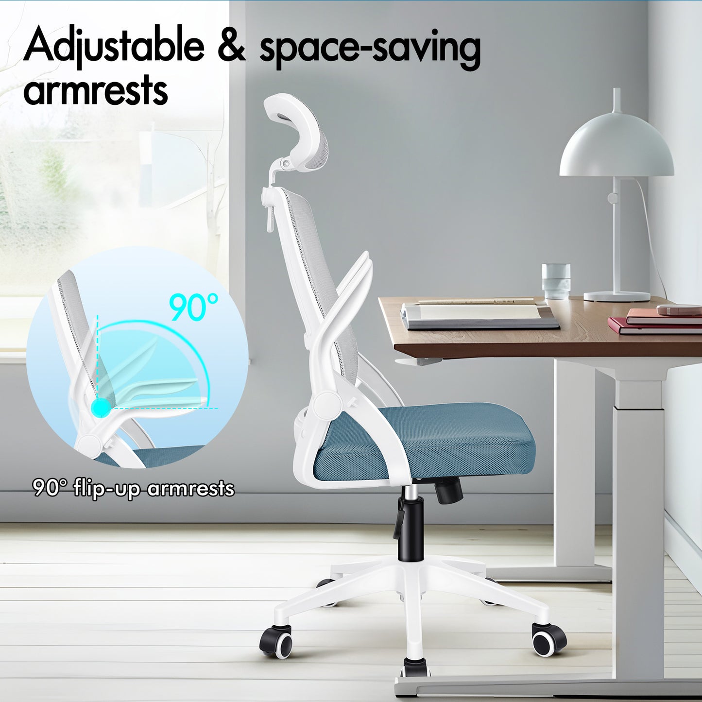 ELFORDSON Mesh Office Chair Executive Fabric Seat Tilt Computer Blue and Grey