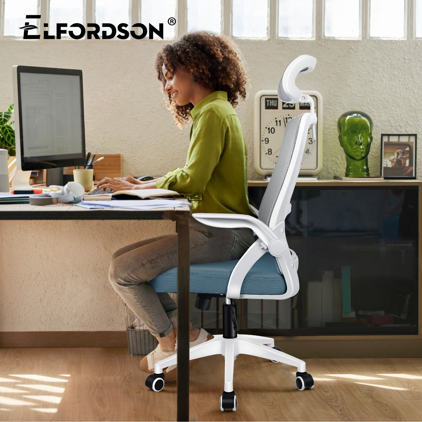 ELFORDSON Mesh Office Chair Executive Fabric Seat Tilt Computer Blue and Grey