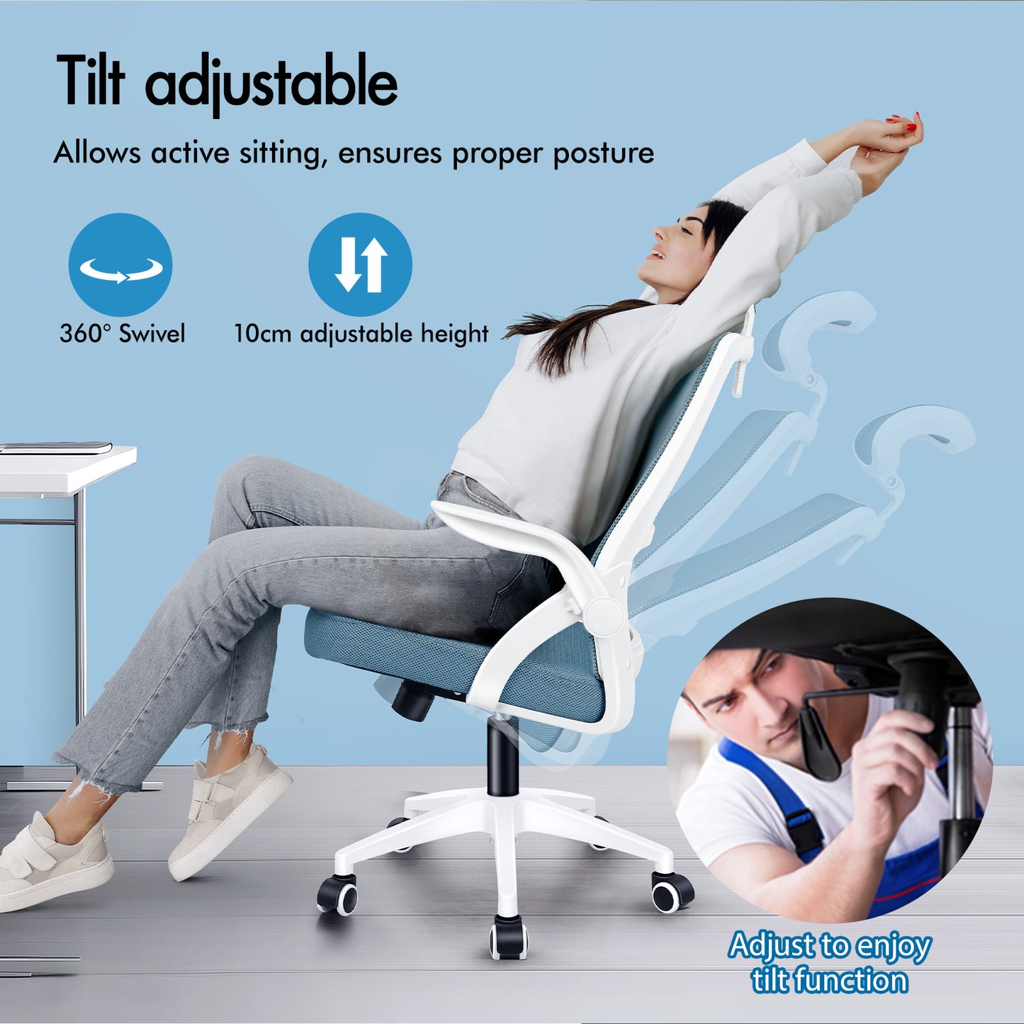 ELFORDSON Mesh Office Chair Executive Fabric Seat Tilt Computer Blue
