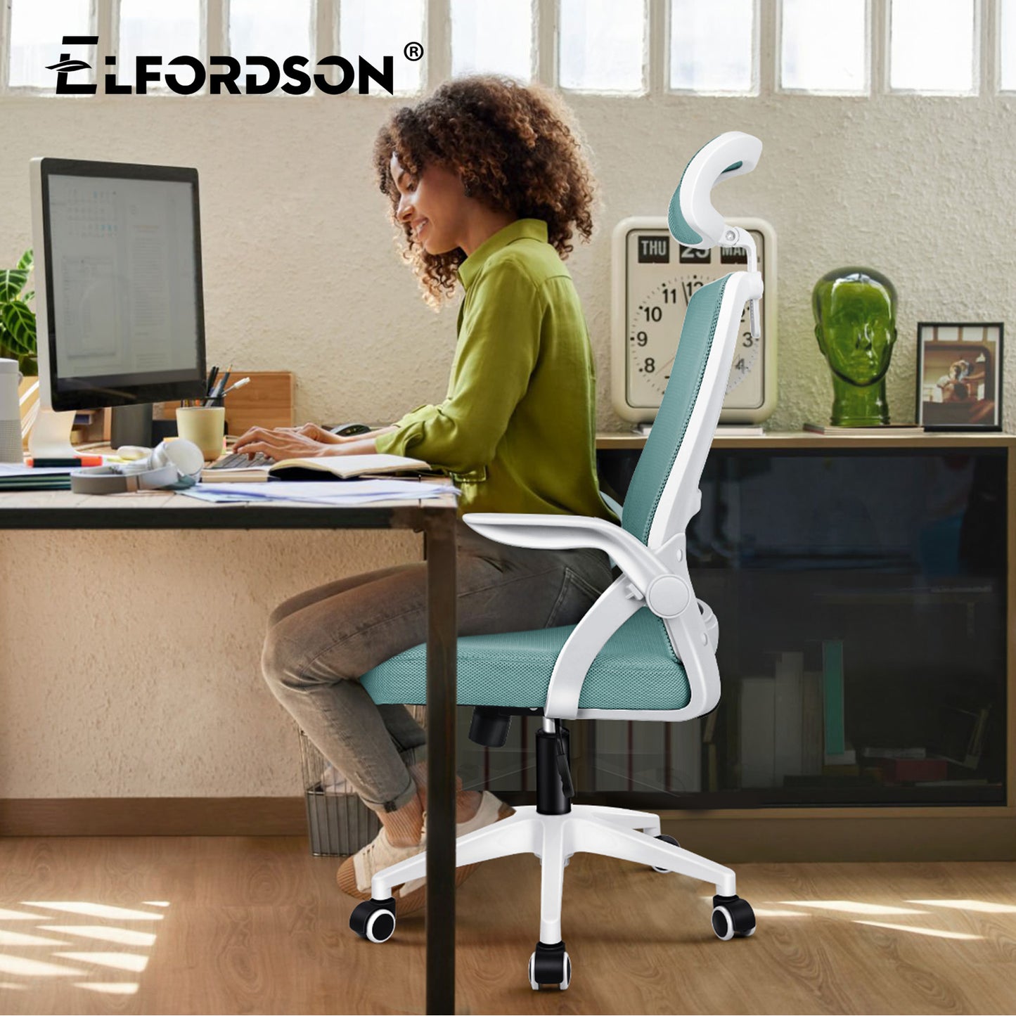 ELFORDSON Mesh Office Chair Executive Fabric Seat Tilt Computer Cyan