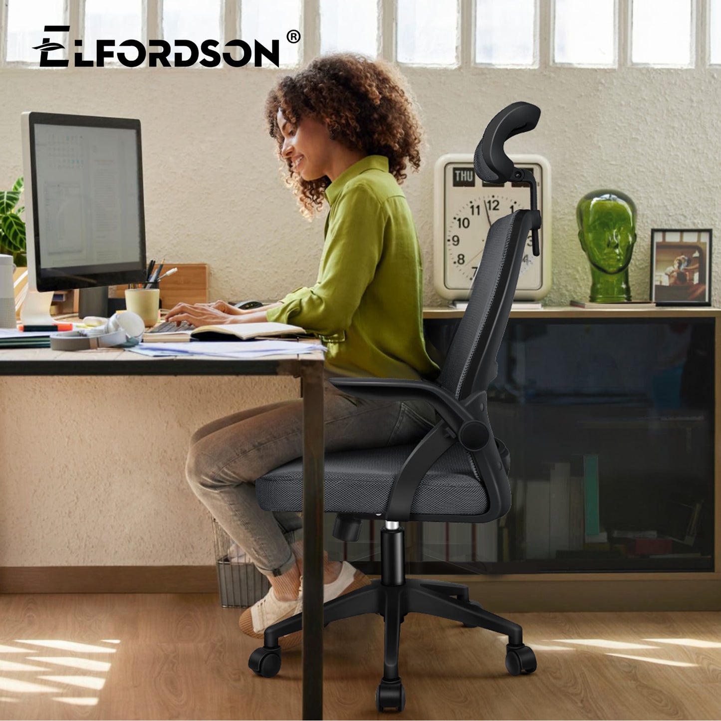 ELFORDSON Mesh Office Chair Executive Seat Tilt Racing Computer Dark Grey