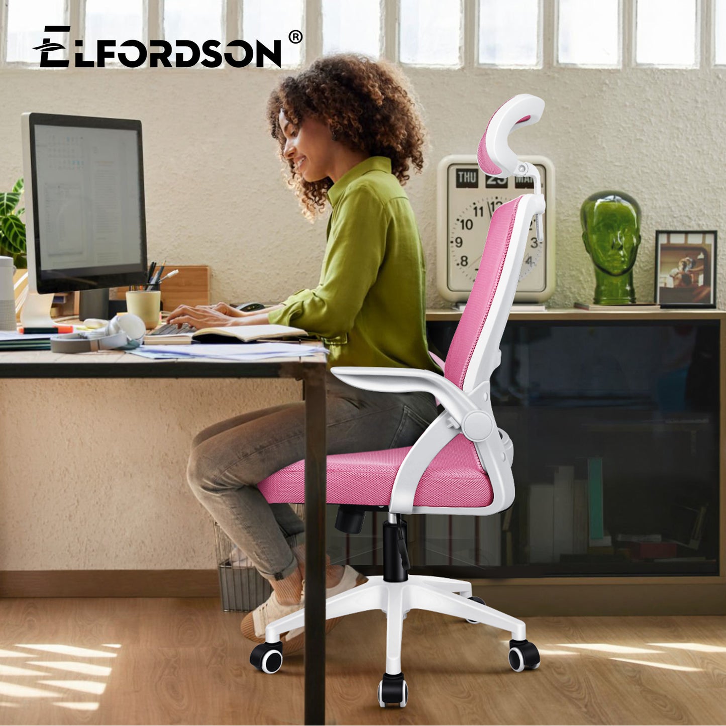 ELFORDSON Mesh Office Chair Executive Fabric Seat Tilt Computer Pink