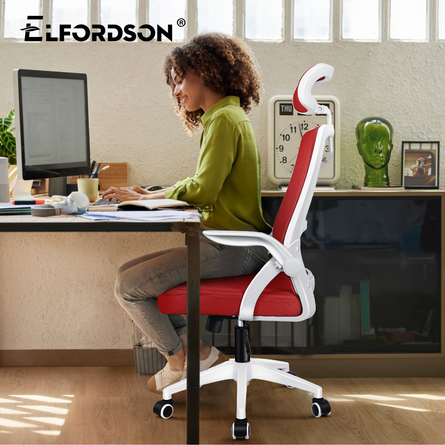 ELFORDSON Mesh Office Chair Executive Fabric Seat Tilt Computer Red