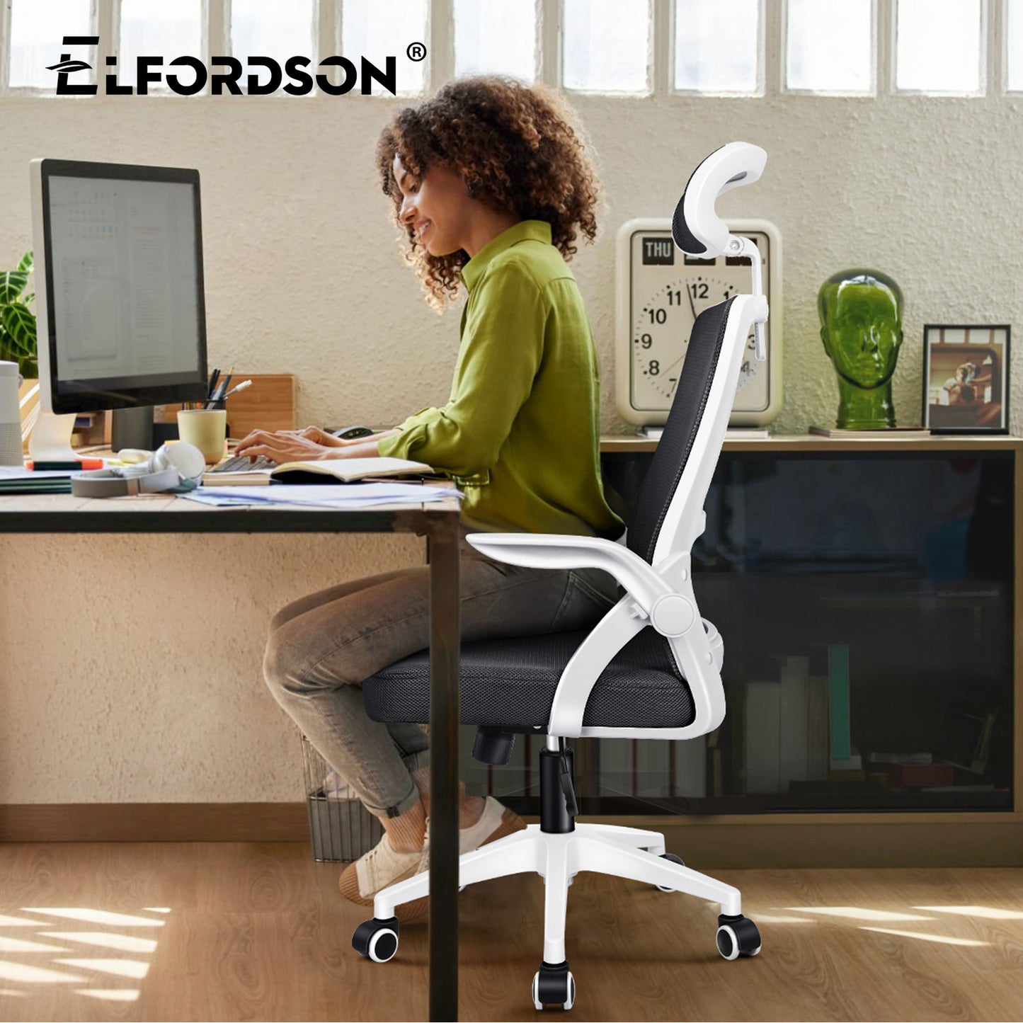 ELFORDSON Mesh Office Chair Executive Tilt Seat Racing Computer White and Black