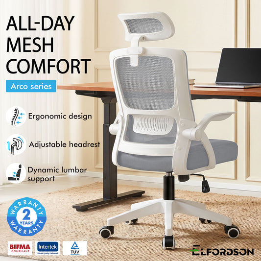 ELFORDSON Mesh Office Chair Seat Tilt Fabric Gaming Racing Computer Light Grey
