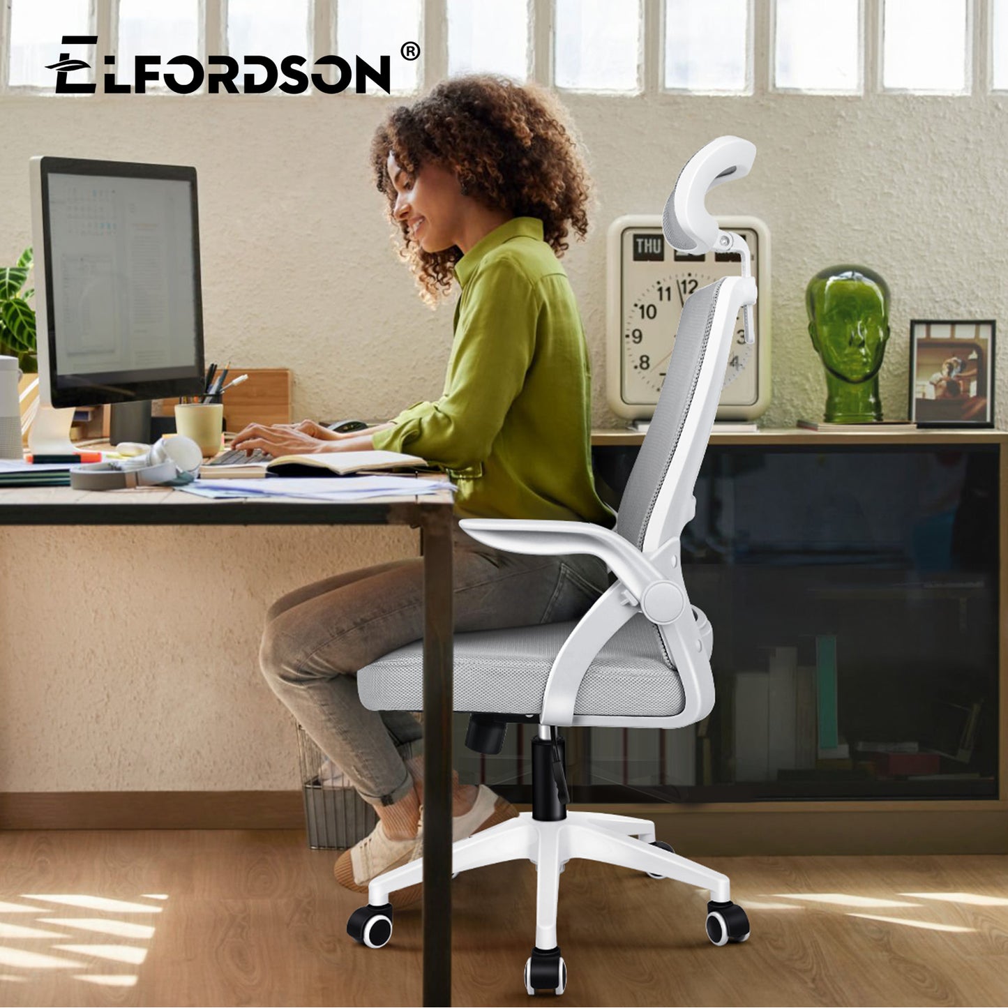 ELFORDSON Mesh Office Chair Seat Tilt Fabric Gaming Racing Computer Light Grey