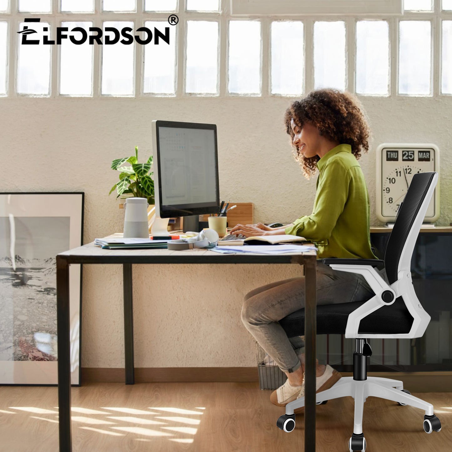 ELFORDSON Mesh Office Chair Gaming Racing Work Black and White