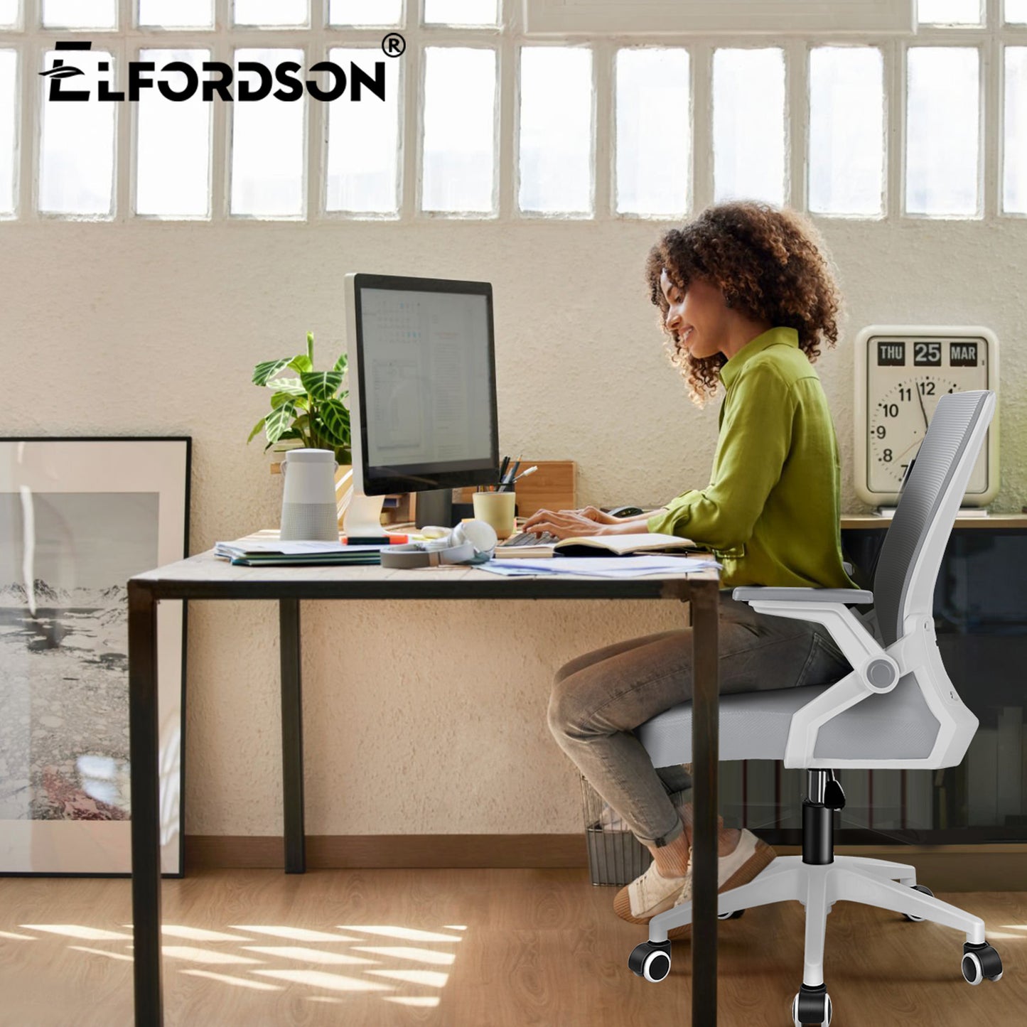 ELFORDSON Mesh Office Chair Gaming Racing Work Grey and White