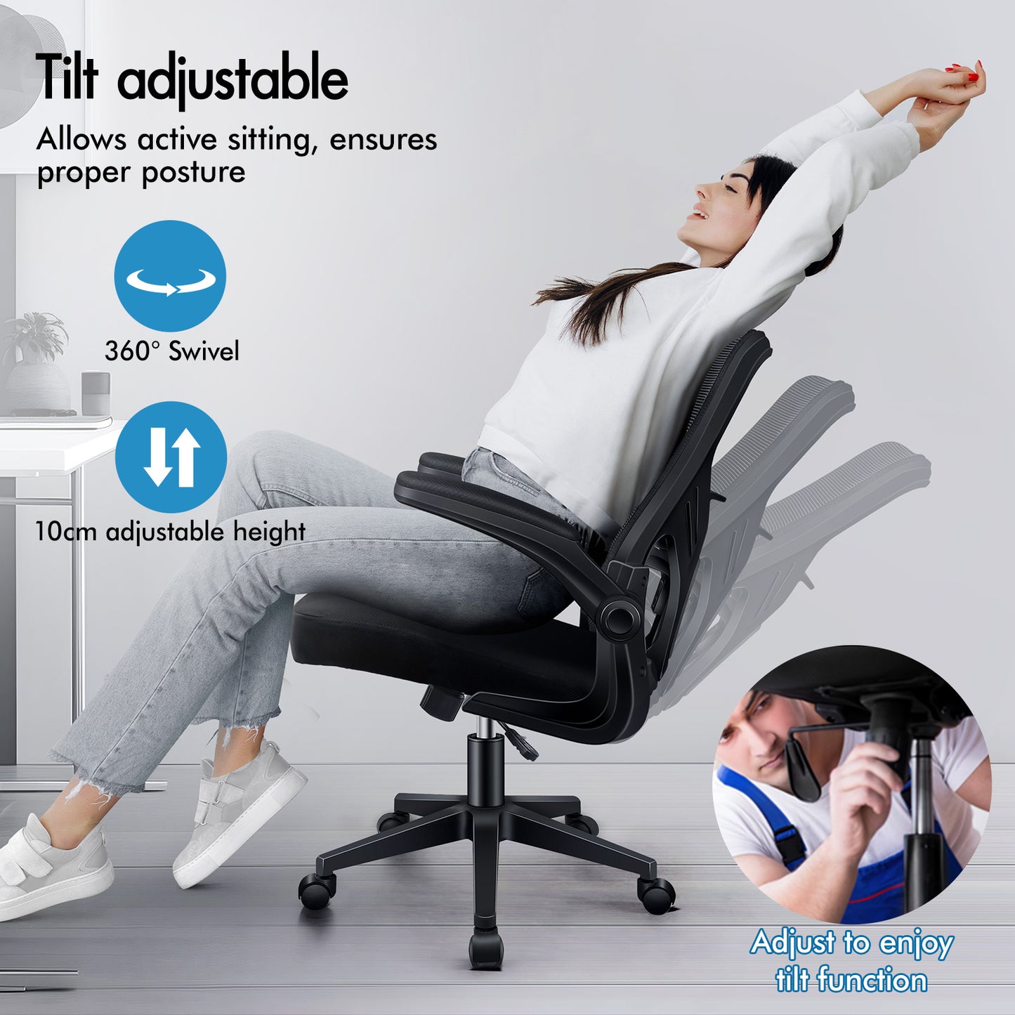 ELFORDSON Mesh Office Chair Executive Tilt Fabric Computer Work All Black