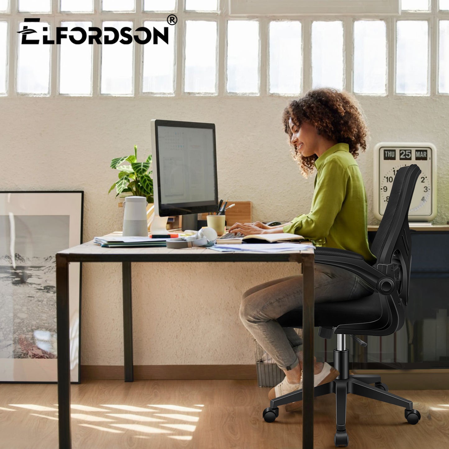 ELFORDSON Mesh Office Chair Executive Tilt Fabric Computer Work All Black