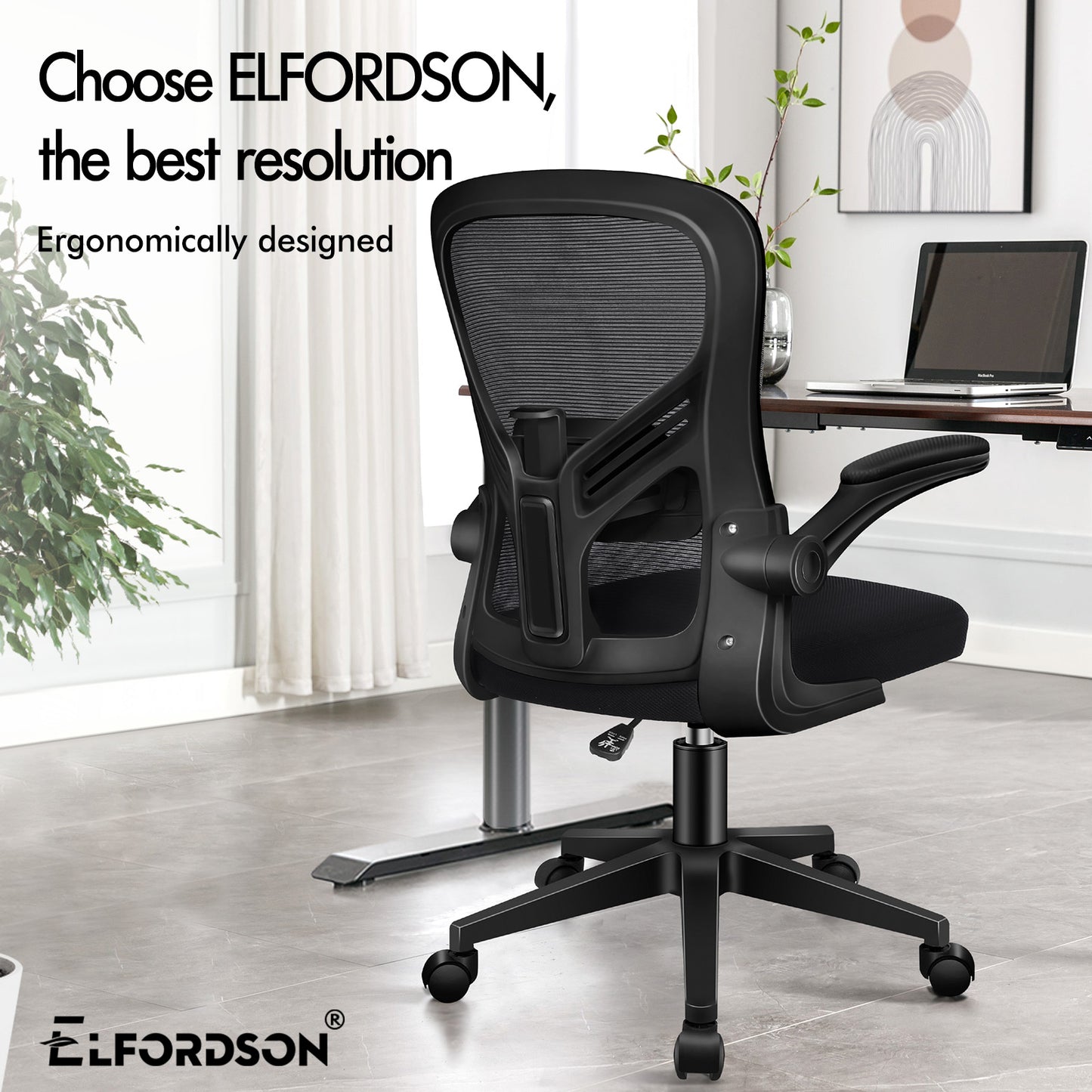 ELFORDSON Mesh Office Chair Executive Tilt Fabric Computer Work All Black
