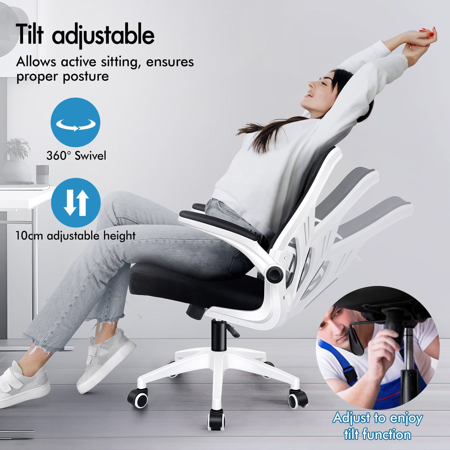 ELFORDSON Mesh Office Chair Executive Tilt Fabric Computer Work Black and White