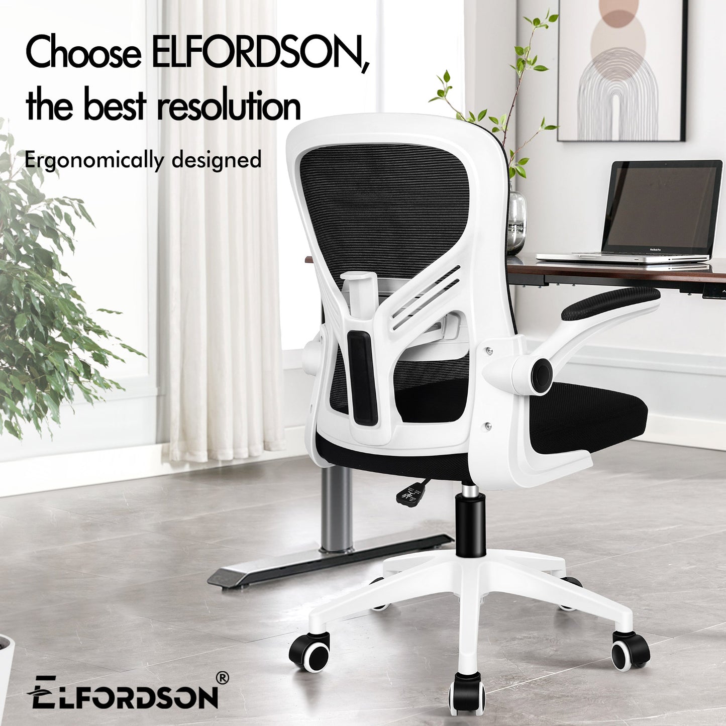 ELFORDSON Mesh Office Chair Executive Tilt Fabric Computer Work Black and White