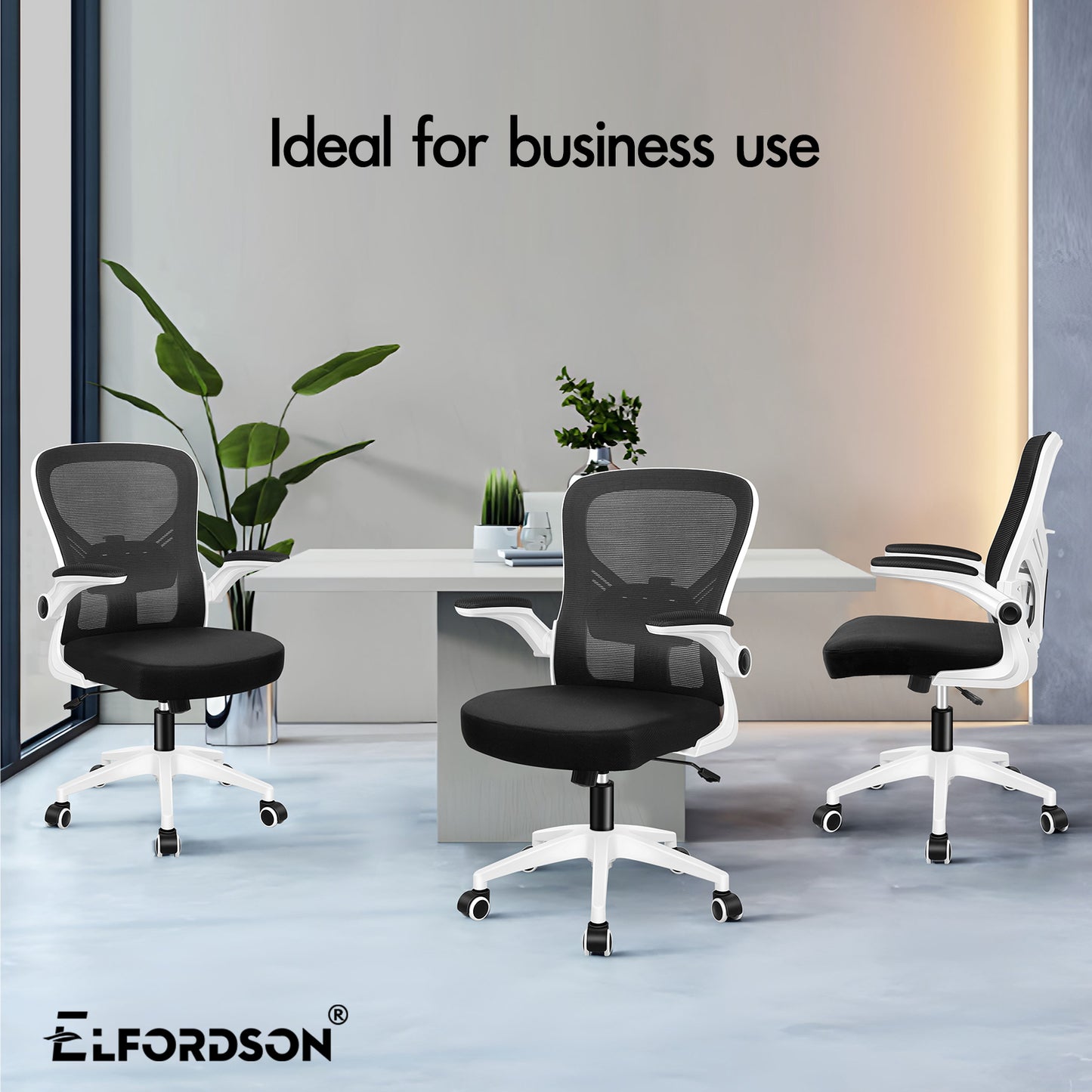 ELFORDSON Mesh Office Chair Executive Tilt Fabric Computer Work Black and White