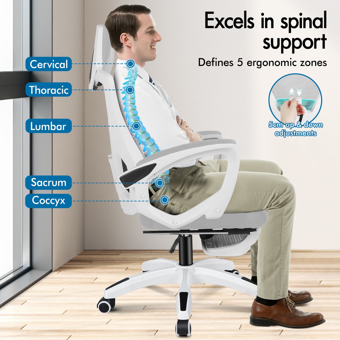 ELFORDSON Mesh Office Chair Racing Executive Fabric Seat Recliner Grey and White