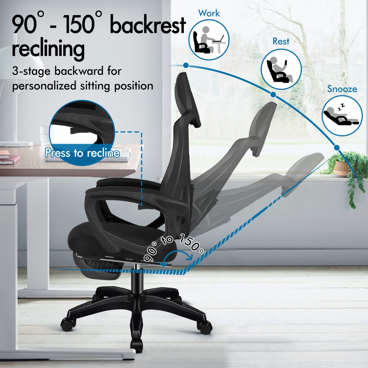 ELFORDSON Mesh Office Chair Racing Executive Fabric Seat Recliner All Black