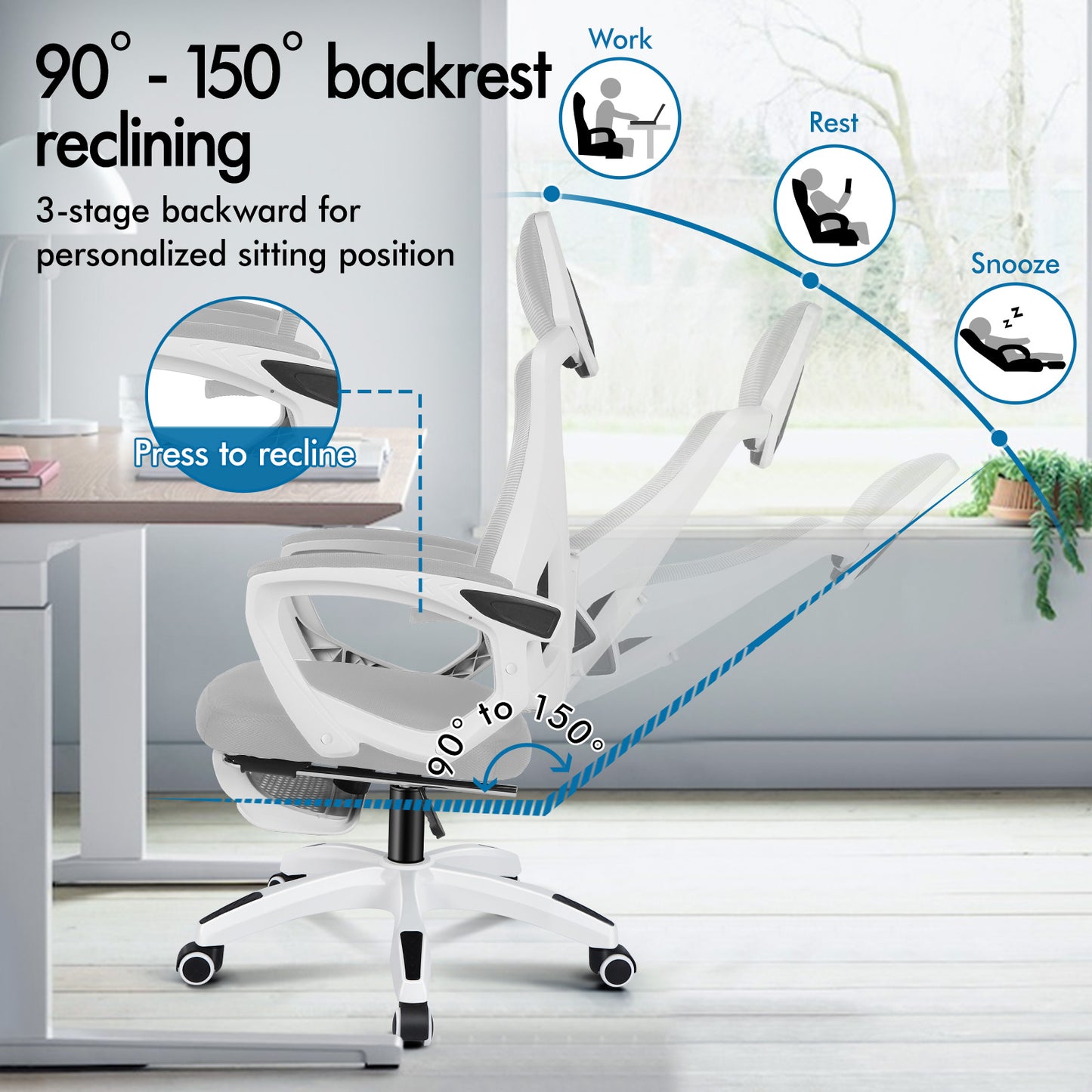 ELFORDSON Mesh Office Chair Racing Executive Fabric Seat Recliner Grey and White