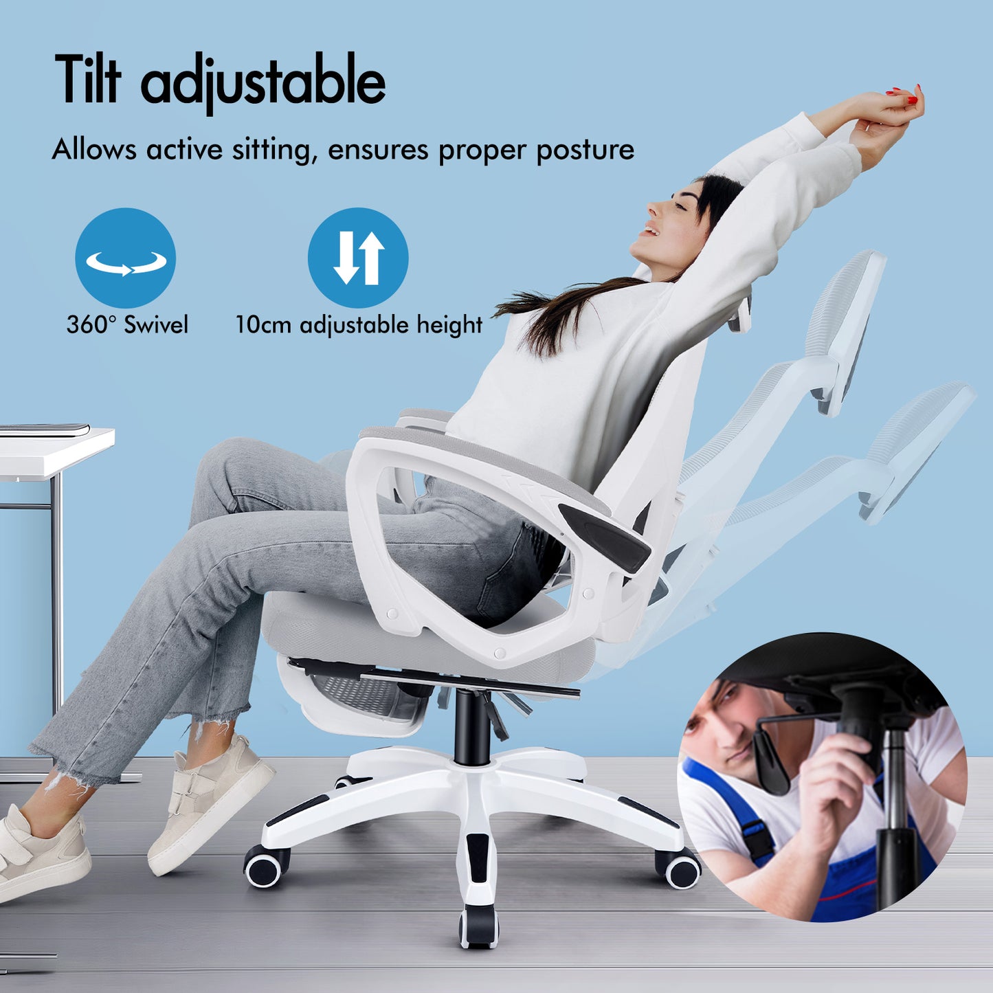 ELFORDSON Mesh Office Chair Racing Executive Fabric Seat Recliner Grey and White
