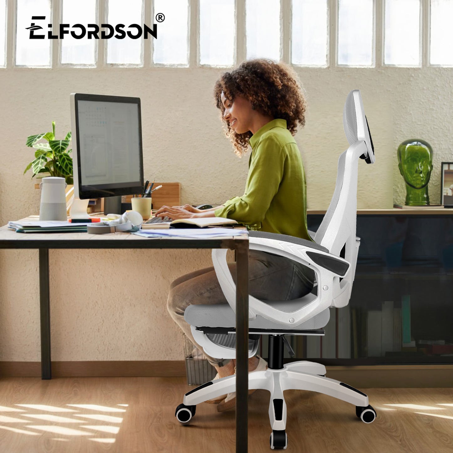 ELFORDSON Mesh Office Chair Racing Executive Fabric Seat Recliner Grey and White
