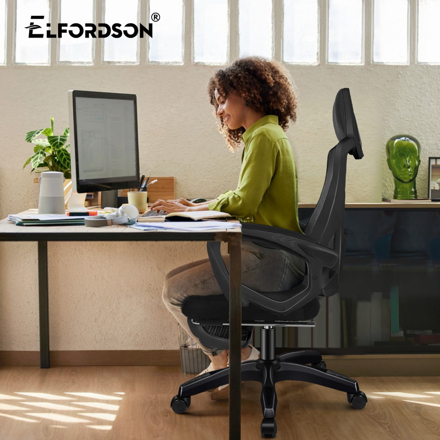 ELFORDSON Mesh Office Chair Racing Executive Fabric Seat Recliner All Black
