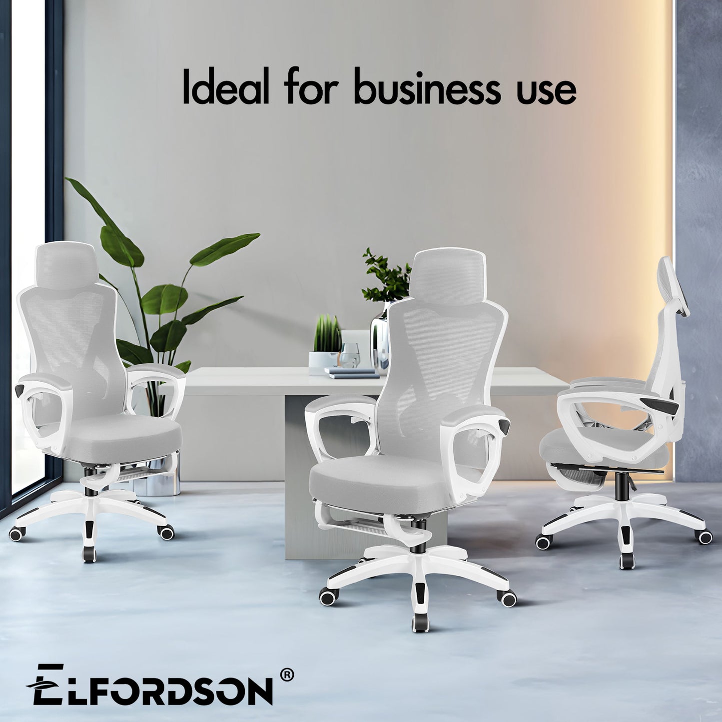 ELFORDSON Mesh Office Chair Racing Executive Fabric Seat Recliner Grey and White