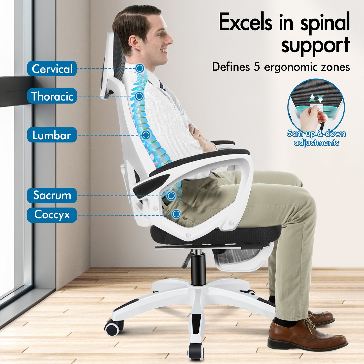 ELFORDSON Mesh Office Chair Racing Executive Fabric Seat Recliner White and Black