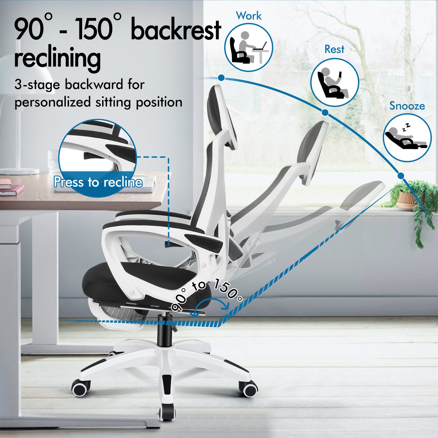 ELFORDSON Mesh Office Chair Racing Executive Fabric Seat Recliner White and Black
