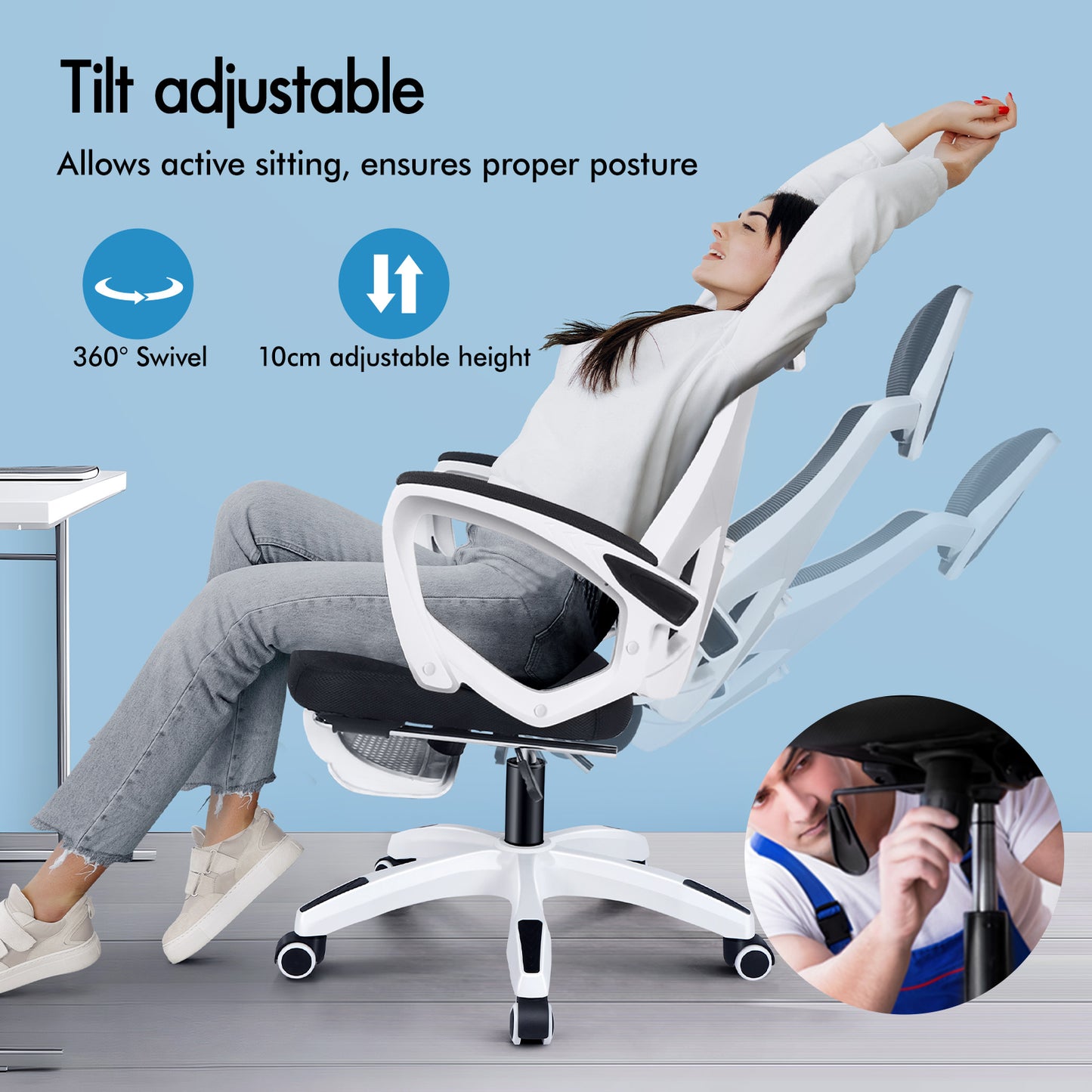 ELFORDSON Mesh Office Chair Racing Executive Fabric Seat Recliner White and Black