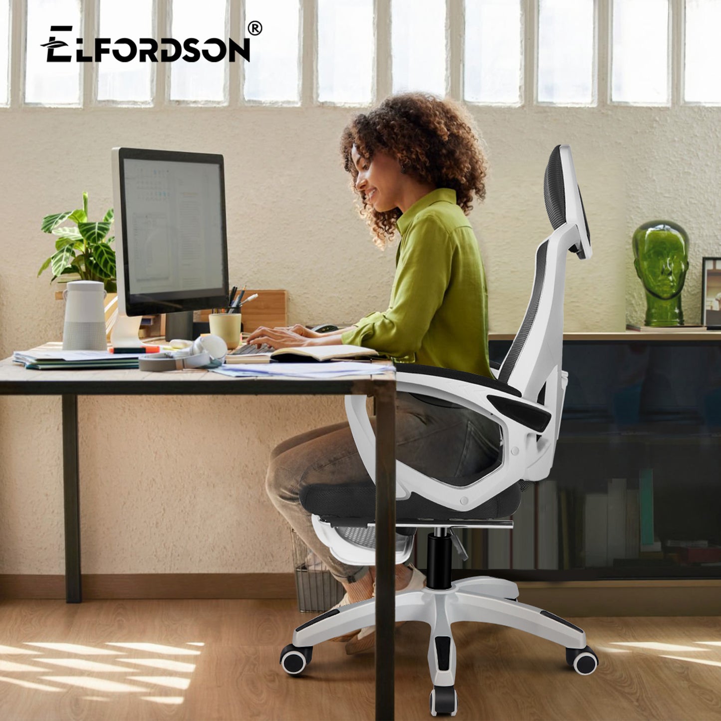 ELFORDSON Mesh Office Chair Racing Executive Fabric Seat Recliner White and Black