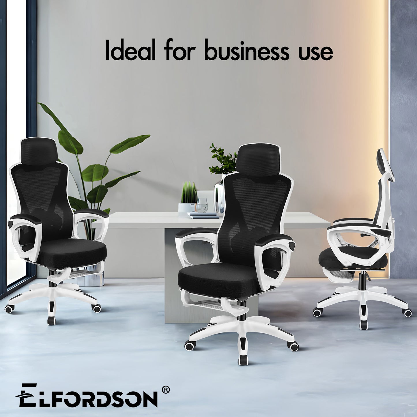 ELFORDSON Mesh Office Chair Racing Executive Fabric Seat Recliner White and Black