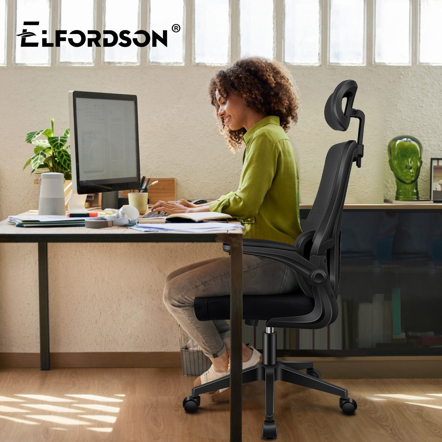 ELFORDSON Mesh Office Chair Executive Computer Fabric Tilt All Black