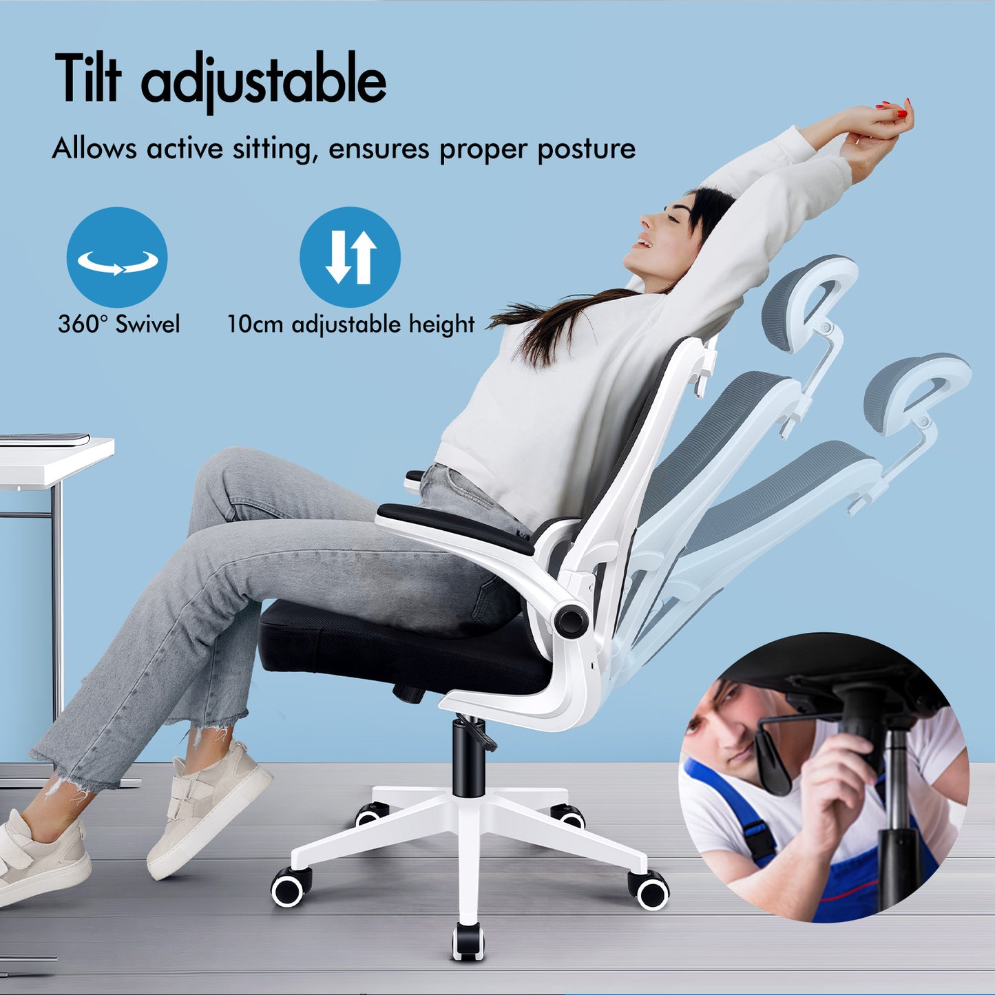 ELFORDSON Mesh Office Chair Executive Computer Fabric Tilt Black and White
