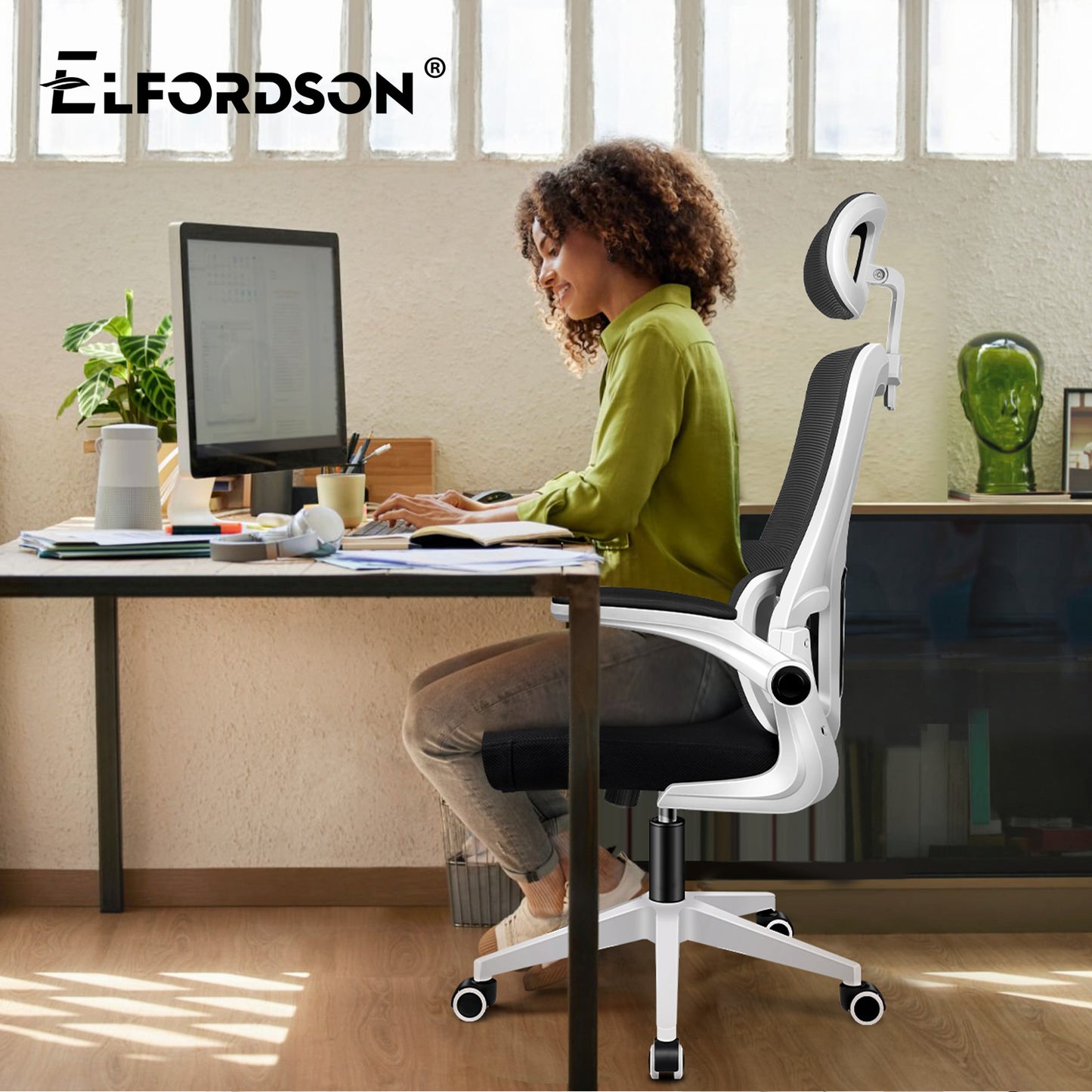 ELFORDSON Mesh Office Chair Executive Computer Fabric Tilt Black and White