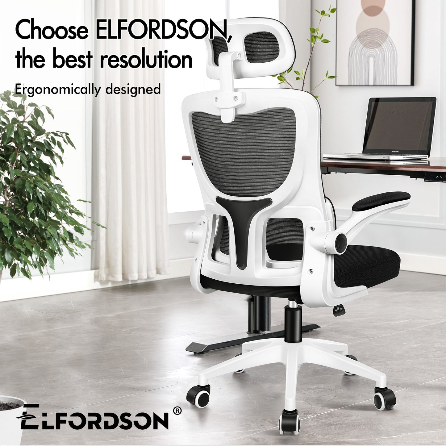 ELFORDSON Mesh Office Chair Executive Computer Fabric Tilt Black and White