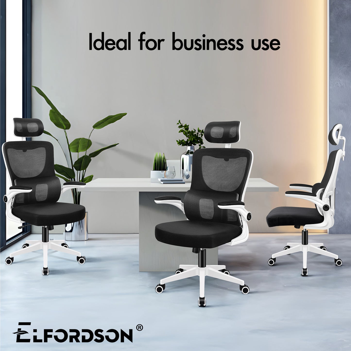 ELFORDSON Mesh Office Chair Executive Computer Fabric Tilt Black and White